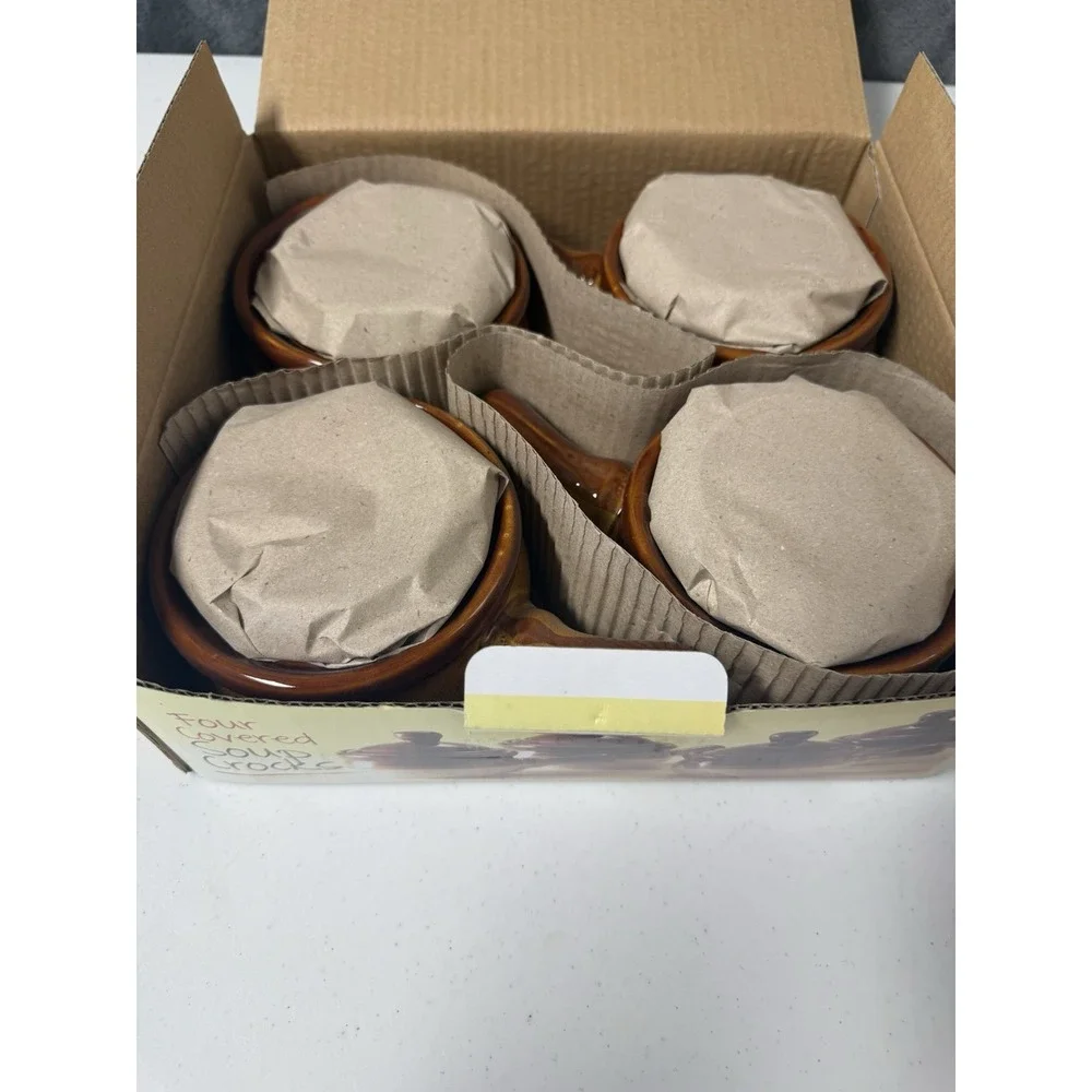 Four (4) Covered Soup Crocks Sturdy Bowl w/ Handle * Lid w/ Knob * Comfort Food